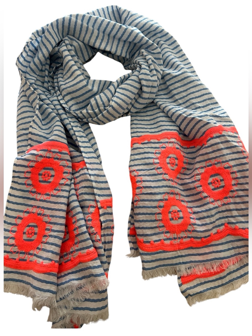 J. Crew Blue and White Striped Scarf with Neon Coral Embroidery